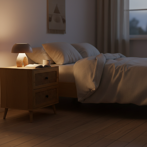 Table d'appoint moderne et écologique à 2 tiroirs en bois de caoutchouc, MDF, placage de chêne et détails en rotin. Table de rangement pour salon/chambre à coucher - Product Image 4