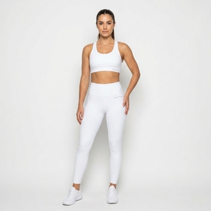 Women <b>White</b> Solid Front <b>Crop</b> Sports Bra Mid Waist <b>Leggings</b> Yoga Set Gym Fitness Workout Activewear - Product Image 4