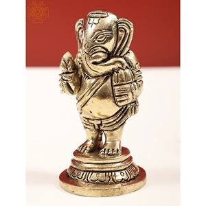 Statue de seigneur Ganesha en laiton fait à la main avec Lotus fabriqué en Inde belle sculpture debout - Product Image 3