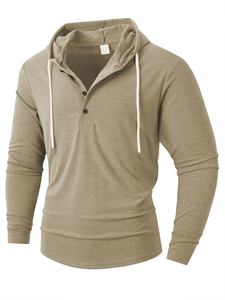 Men's Vintage Style Casual Plus Size Comfortable Skin-Friendly Trendy Home Wear Button-<b>Up</b> Hooded Long Sleeve Henley Sweatshirt - Product Image 3