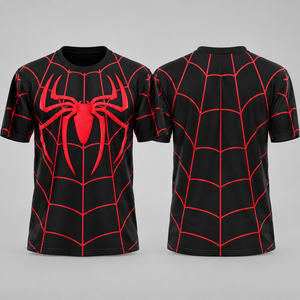 T-shirt Spiderman personnalisé avec logo, toile d'araignée rouge et noire, manches courtes, streetwear, impression sérigraphique en relief - Product Image 1