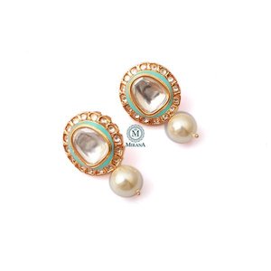 Gaurika 18K Gold Turquoise Pearl Polki Drop Earrings for Wedding & Engagement - Product Image 1