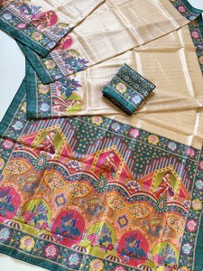 Sari indien traditionnel en soie avec imprimé numérique floral et motif paon pour mariage, longueur au sol, pour femmes - Product Image 3