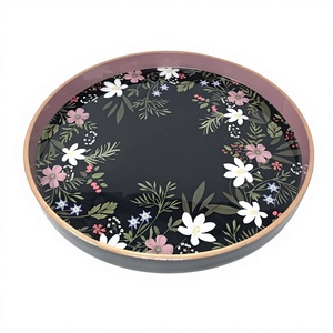 Black Floral Bohemian Wood Handicraft Serving Tray <b>Set</b> Wooden Frame Elegant Decorative Multi-functional Tea <b>Breakfast</b> Tray - Product Image 1