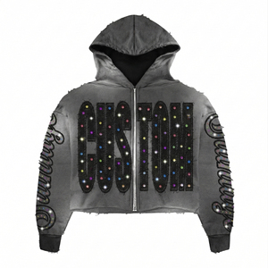 Survêtement personnalisé de qualité supérieure avec impression sérigraphique et broderie en strass effet délavé, style streetwear tendance pour unisexe - Product Image 3