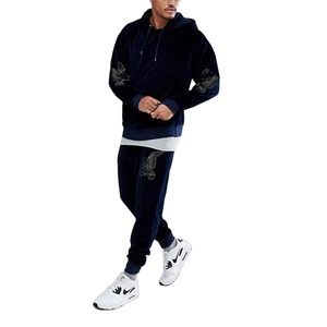 Survêtement de sport pour homme en velours bleu, personnalisable avec logo, marque privée, à la mode, avec fermeture éclair - Product Image 1