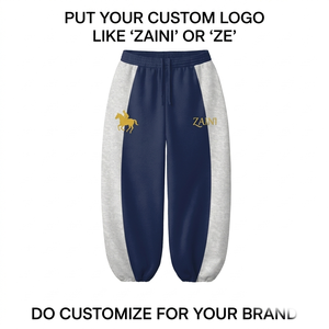 Pantalon de jogging léger et respirant en sergé premium 320 GSM, séchage rapide, écologique, bleu marine et gris, avec panneau latéral plissé et cordon de serrage à l'avant - Product Image 1