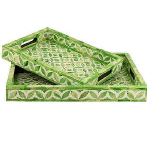 Handcrafted Traditional Floral Wood Bone Inlay <b>Tray</b> Eco-Friendly <b>Plant</b> for Serving Drinks Snacks Desserts Includes Handle - Product Image 4