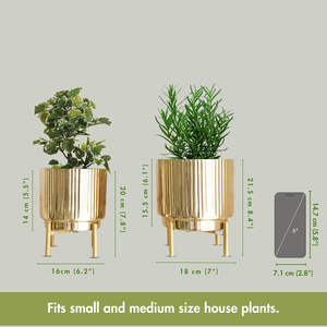 Fluted Metal Indoor Planters with Stands, Golden - Set of 2 Metal planter <b>pot</b> in Golden – for potted plants & <b>succulents</b> planter - Product Image 4