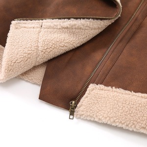 Winter <b>Jacket</b> Wholesale Suede Leather Contrast Beige <b>Shearling</b> Collar Asymmetric Zipper <b>Men</b> Casual Biker Style Warm Coat - Product Image 5