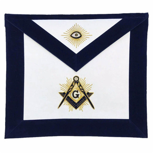Tablier maçonnique personnalisé brodé en velours blanc et bleu marine avec symboles de l'œil d'or et du compas carré, style classique, insigne à coudre - Product Image 1