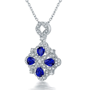 <b>Flower</b> Shape Sapphire Pendant Necklace Women's 925 Silver Rhodium Plated Round Brilliant Cut Diamonds <b>Box</b> Chain Luxury Style - Product Image 1