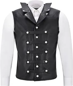 Chaleco sin mangas de cuero negro para hombre con botones a presión de doble botonadura, para todas las estaciones, estilo Guruna Biker Patchwork - Product Image 4
