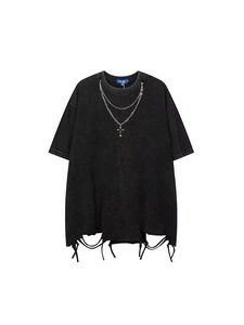Camiseta de 230g de mezcla de algodón y poliéster con cuello redondo, diseño de cadena cruzada, transpirable, duradera, oversize, con dobladillo rasgado para primavera y verano - Product Image 4