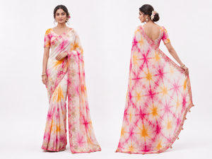 Sari en soie tie-dye de luxe, broderie lourde, travail Zari, séchage rapide, sans plis, protection solaire, style moderne, tenue de mariage indienne - Product Image 1
