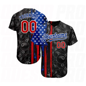 Camiseta de Béisbol Personalizada con Diseño 3D de Patrón Negro, Rojo y Azul Rey, con la Bandera Americana, para Billar y Snooker - Product Image 1