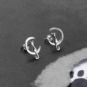 925 Sterling Silver <b>Cat</b> and Crescent Moon Stud Earrings Minimalist Celestial Earrings Gold Plated Women Good Jewelry Gift - Product Image 1