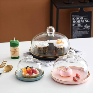 Glass <b>Dome</b> <b>Cake</b> Platter Set 3Pcs Reusable Hemisphere Dessert Display <b>Stand</b> with Gold Rim and Clear Cover for Tabletop Serving - Product Image 1