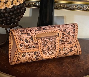 Handmade <b>Tooled</b> Genuine Leather Clutch Bag for Women | Western Floral Embossed Evening Handbag with Handle - Product Image 2