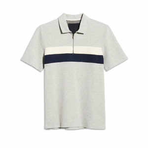 Polo de hombre con cremallera de un cuarto, bloques de color y franja en el pecho, 2026, estilo casual elegante, manga corta, corte ajustado, gris jaspeado y azul marino - Product Image 3