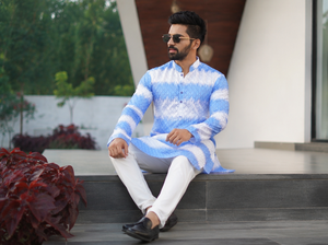 <b>Men's</b> Blue White Ikat Printed Cotton <b>Kurta</b> Regular Fit Knee Length Traditional Casual Party Wedding XL Reversible Quick Dry - Product Image 2