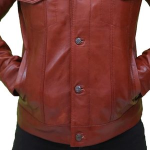 <b>Men</b> Genuine <b>Leather</b> <b>Jacket</b> <b>Brown</b> Turn-down Collar Button Closure Regular Fit Casual Autumn Style Solid Color - Product Image 2