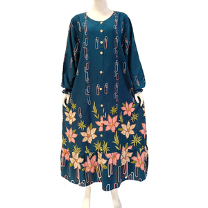 Women Simple Oversized Summer Long Sleeve <b>Dresses</b> Muslim Abaya Floral Print O-neck with Button Rayon - Product Image 5