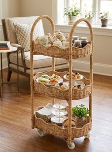 Étagère de rangement à 4 niveaux en rotin naturel, panier de présentation autoportant en osier avec poignées courbées pour cuisine, salon - Product Image 5