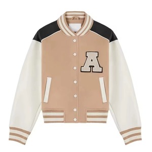 Veste universitaire pour femme avec lettre A brodée au dos, beige crème, manches longues, coupe classique, fermeture éclair, automne - Product Image 1