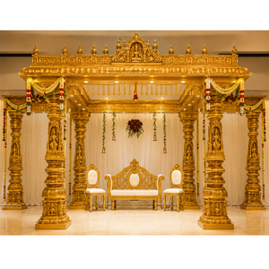 Ensemble de Mandap en fibre dorée majestueux pour mariage sud-indien, style temple traditionnel Balaji, grand Mandapam pour décoration de mariage hindou - Product Image 1