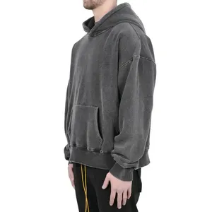 Custom Acid Wash Knit Oversized Hoodie Distressed Pullover No <b>String</b> Heavyweight Unisex Boxy <b>Black</b> Acid Wash Oversized Men - Product Image 2