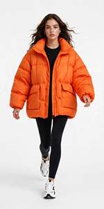 Orange <b>Waterproof</b> <b>Puffer</b> <b>Jacket</b> <b>Hooded</b> Collar Zipper Closure Thick Polyester Wadding 220g Winter Casual Loose Fit Unisex Solid - Product Image 6