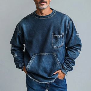 NANJU INTERNATIONAL <b>Men's</b> Vintage Denim Hoodie Solid Color 100% Cotton Casual <b>Drawstring</b> Closure Acid Wash Eco-Friendly Regular - Product Image 5