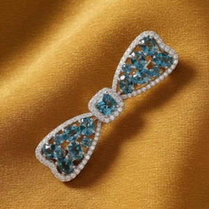 Broche Minimalista de Topacio Azul con Lazo, Chapado en Oro de 14k, Broche de Lujo para Boda o Cóctel, Broche Único con Diamantes para Mujer y Hombre - Product Image 5