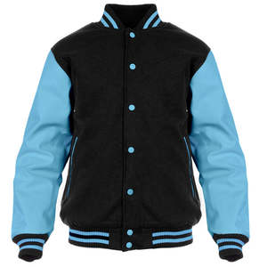 Chaqueta Bomber Universitaria de Lana y Cuero Premium para Hombre, Chaqueta Varsity Letterman al por Mayor, Cuerpo de Lana Negra, Cuero Azul Cielo - Product Image 1
