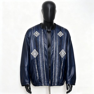 <b>Men's</b> Blue PU Bomber <b>Jacket</b> With Crystal Rhinestone Geometric Embellishment Zipper Closure Casual Autumn Wear Rhinestone Pull. - Product Image 3