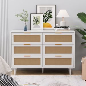 Mobiletto portaoggetti in rattan bianco da 43,31 pollici con 6 cassetti per camera da letto e soggiorno - Product Image 1