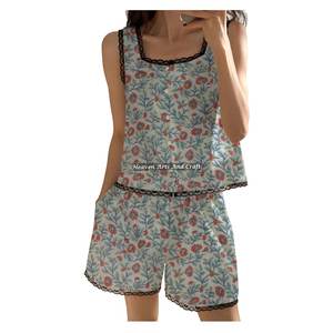 Cozy Cotton <b>Summer</b> <b>Pyjama</b> Suit Lace Trim Shorts Pajama Set Sleepwear Spring/<b>Summer</b> Floral Sleeveless Pj Set Block Print Hot Sale - Product Image 6