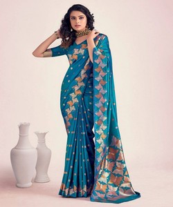 Teal Silk Saree With Butterfly Print Elegant Indian Wedding Wear For Women Regular Fit <b>Floor</b> Length Ready To Ship - Product Image 1
