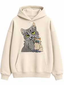 เสื้อสเวตเชิ้ตโอเวอร์ไซส์แบบยูนิเซ็กซ์ ลายปักแมวน่ารัก มีกระเป๋าจิงโจ้ เสื้อฮู้ดลำลองผ้าฟลีซ - Product Image 6