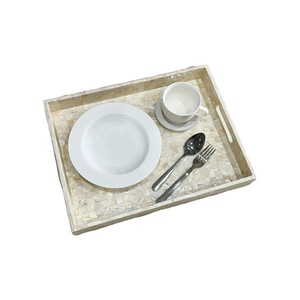 Plateau en nacre, plateau de service rectangulaire en mosaïque carrée, plateau de petit-déjeuner, plateau de table basse de style côtier, plateau décoratif, maison - Product Image 4