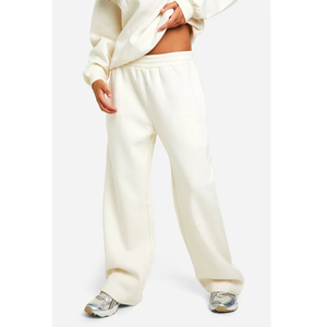 Conjunto Deportivo de 2 Piezas para Mujer, Felpa Crema, Cuello Redondo, Corte Holgado, Casual, Sudadera y Pantalones Largos de Color Sólido - Product Image 3