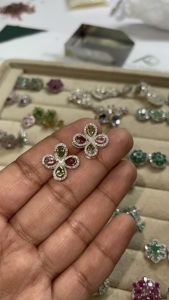Multi Tourmaline & Diamond Earring <b>Stud</b> Colorful Multi Tourmaline Natural Gemstone Cluster Earrings Sterling <b>Silver</b> Stamped 925 - Product Image 2