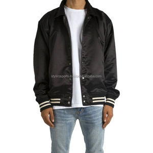 High Quality Wholesale Custom Satin Bomber Jacket Colored <b>Strips</b> Sports Varsity Jacket Men Satin <b>Fabric</b> Letterman Jacket - Product Image 5
