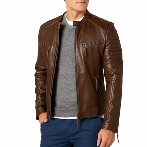 Unisex <b>Brown</b> Genuine <b>Leather</b> Waterproof High Street Moto <b>Jacket</b> Stand Collar Zipper Closure Slim Fit Autumn Style Solid Color - Product Image 2
