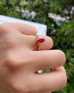 Anillo de compromiso de circonita cúbica roja con corte marquesa, de oro macizo de 14K, anillo de promesa de boda, joyería elegante para mujer, gran venta. - Product Image 3