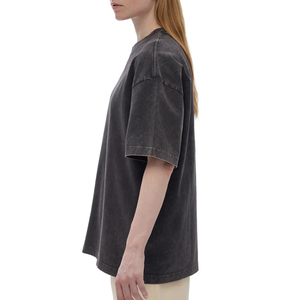 Camiseta de Cuello Redondo Oversize para Mujer, Color Sólido, Algodón Lavado, Corte Holgado, Manga Corta, Largo Regular, Tejido Jersey Transpirable - Product Image 3