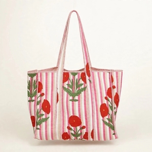 Bolsa de Mano de Algodón Acolchada con Estampado Personalizado, Bordado, Cierre de Cremallera, Diseño Floral de Amapola Roja, Estilo Vintage, para Uso Diario, Reutilizable, para Compras - Product Image 1