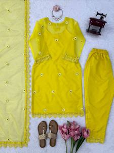 Ensemble Salwar Kameez brodé jaune, tenue traditionnelle indienne et pakistanaise, dupatta en dentelle, pour fêtes et mariages, pour femmes - Product Image 6