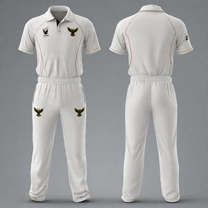 Ensemble uniforme de cricket blanc à manches courtes pour homme avec accents bleus, vêtements de sport respirants en polyester, coupe classique, toutes saisons - Product Image 3